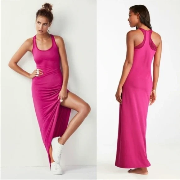 fabletics pink dress Fabletics Tropez Dress S 6 Hot Pink Racerback Mesh Strappy Sheath Bodycon NWT